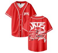 Stray Kids Ate Tracklist Merch Baseball Jersey Tops Short Sleeve Button-up Shirts Women Men Streetwear Tee (Red,XXL)