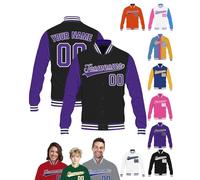 STREADVE Custom Men Women Youth Baseball Varsity Jacket Bomber Coat Personalised Letterman Jackets Customised Name Number Logo, Purple Black