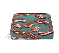Streaky Bacon Pattern Print Leather Cosmetic Pouch, Leather Makeup Bag for Purse with Top Zip Closure Stylish Toiletry Bag