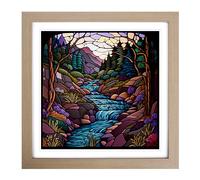 Stream Stained Glass Effect Framed Print | 18x18 Inch Oak Framed Wall Art | Ready to Hang | Modern Nature Picture | Living Room Bedroom Lounge Office
