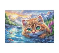 Stream Tabby Cat 1000 Piece Pack DIY Jigsaw Puzzle Brook Meadow Leaf Collectors Cognitive Development Educational Decorative Puzzle Gifts for Adults Rigid Cardboard 1000 PCS