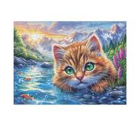 Stream Tabby Cat 500 Piece Premium Jigsaw Puzzle Brook Meadow Leaf For Men Educational Decompression Adults Anxiety Memory Care Mothers Valentines Wooden 500 PCS