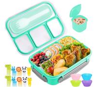 STREAMVOY 16-Piece Lunch Box Set | 3L Large Capacity 4-Compartment Insulated Bento Box | Includes Sauce Container, 10 Animal Fruit Forks & 4 Silicone Cups (Green)