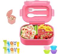STREAMVOY 16-Piece Lunch Box Set | 3L Large Capacity 4-Compartment Insulated Bento Box | Includes Sauce Container, 10 Animal Fruit Forks & 4 Silicone Cups (B-Pink)