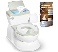 STREAMVOY Realistic Potty Training Toilet with Flush Sound, Wipes Organizer & Removable Seat | Splash Guard, 5 Disposable Liners & Step Stool Included (White) (Green)