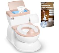 STREAMVOY Realistic Potty Training Toilet with Flush Sound, Wipes Organizer & Removable Seat | Splash Guard, 5 Disposable Liners & Step Stool Included (White) (Pink)