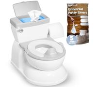 STREAMVOY Realistic Potty Training Toilet with Flush Sound, Wipes Organizer & Removable Seat | Splash Guard, 5 Disposable Liners & Step Stool Included (White) (Grey)