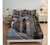 Street Architecture Fitted Sheet Super King Size Deep Pocket 30cm, Easy Care Soft Brushed Microfibre Fabric Vintage Landscape Printed Brown Bed Sheets, Wrinkle Bedding Sheets (180x200cm)