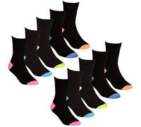 Street Essentials Girls Kids Childrens Crew Socks Multipack Multibuy 10 Pairs Contrast Toe & Heel Black Cotton Rich Vibrant Size 9-12