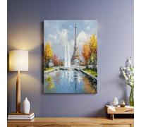 Street Fountain Canvas Wall Art Work Eiffel Tower in Paris Modern Stretched Framed Giclee Canvas Prints Picture for Living Room Bedroom Kitchen Bathroom Home Decor 50 x 40 cm