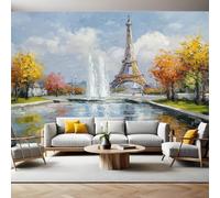 Street Fountain Mural Wallpaper Eiffel Tower in Paris Photo Wallpaper 3D Effect 200 x 140 cm Non-Woven Wall Mural Home Bedroom Living Room Tv Background Poster Decoration