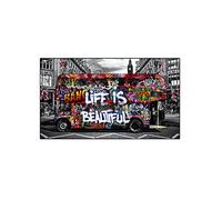 Street Graffiti Art Life is Beautiful Canvas Painting Double Decker Bus Poster Print Wall Art Picture Living Room Decor 60x120cm(24x47in) with Frame