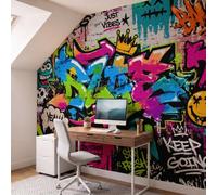 Street Graffiti Wallpaper, Blue-Green Wall Mural 400X280Cm (W X H) | Trend Spray Paint Can Crown Non-Woven Photo Wallpaper Mural for Bedroom, Living Room, Hallway, Home Decor