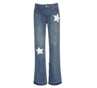 Street retro washed old five-pointed star printed dirty boy asymmetrical splicing high waist straight raw edge jeans-blue-S
