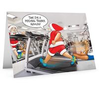 STREET SANTA - Gym Santa Christmas Card - Santa Running on Treadmill with Rudolph, Hand-Drawn UK Illustration, Large A5-Sized (210mm x 148mm), Gloss Finish, Blank Inside
