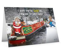 STREET SANTA - Narrowboat Christmas Card - Santa Steering Narrowboat through Lock, Hand-Drawn UK Illustration, Large A5-Sized (210mm x 148mm), Gloss Finish, Blank Inside