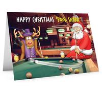 STREET SANTA - Pool Christmas Card - Santa Swerve Shot & Rudolph Pool Shark with Triangle, Hand-Drawn UK Illustration, Large A5-Sized (210mm x 148mm), Gloss Finish, Blank Inside
