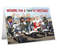 STREET SANTA - Scooter Christmas Card - Santa and Reindeers Mods Style, Hand-Drawn UK Illustration, Large A5-Sized (210mm x 148mm), Gloss Finish, Blank Inside