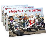 STREET SANTA - Scooter Christmas Cards - Pack of 3 Cards - Santa and Reindeers Mods Style, Hand-Drawn UK Illustration, Large A5-Sized (210mm x 148mm), Gloss Finish, Blank Inside