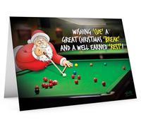 STREET SANTA - Snooker Christmas Card - Santa with Cue & Rest Aiming Red Ball, Hand-Drawn UK Illustration, Large A5-Sized (210mm x 148mm), Gloss Finish, Blank Inside
