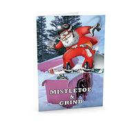 STREET SANTA - Snowboard Christmas Card - Santa Sliding Curved Box Approaching Mistletoe, Hand-Drawn UK Illustration, Large A5-Sized (210mm x 148mm), Gloss Finish, Blank Inside