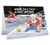 STREET SANTA - Tennis Christmas Card - Santa & Rudolph Playing on Snow Court, Hand-Drawn UK Illustration, Large A5-Sized (210mm x 148mm), Gloss Finish, Blank Inside