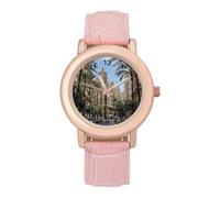 Street Scene of Valencia Women's Leather Watch Easy Reader Minimalist Wristwatch Pink Rose Gold Strap Watches