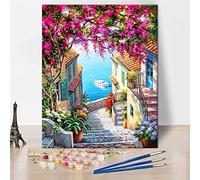 Street Scenery Paint by Number for Adults, Stairs To The Sea Art Paint by Numbers, Flower Garden Sea Bay Landscape Paint by Numbers for Adults Beginner Oil Painting Canvas Wall Art 16"x20" Frameless