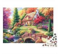 Street Side Cottage 1000pc Autumn Bridge House Thick Cardboard Puzzle for Stress Relief Seekers Christmas Gathering Home Decor Senior Centre Activity Classroom Puzzle Gift 52x38cm/1000pcs