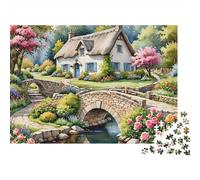 Street Side Cottage 1000pc Bridge Thatch House Thick Cardboard Jigsaw Puzzle for Stress Relief Seekers Christmas Gathering Home Decor Holiday Pastime Social Icebreaker Present 38x26cm/1000pcs