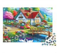 Street Side Cottage 1000pc Swan Bridge House Thick Cardboard Jigsaw Puzzle for Stress Relief Seekers Christmas Gathering Home Decor Holiday Pastime Social Icebreaker Present 52x38cm/1000pcs