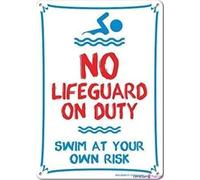Street sign warning plaque Metal Tin Room Pool No Lifeguard On Duty Swim At Your Own Risk Red Blue On White Wall Poster Metal Aluminum For Wall Art 8x12 Inch Office Signs Outdoor & Indoor Sign