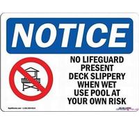 Street Sign warning plaque Tin Wall Art No Lifeguard Present Deck Slippery New Metal Aluminum Workplace Signs for Outdoor & Indoor 8"x12"