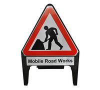 Street Solutions UK - 750mm Road Q-Sign - Men At Work Supplementary Plate 'Mobile Road Works' - Plastic with Folding Leg