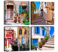 Street View of Tuscan Wall Art Mediterranean City Landscape Wall Decor Vintage Italy Town Street Scenic Canvas Photo Prints Nature Framed Poster Artwork Office Living Room Home Decoration 30x30cm 4Pcs