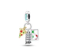 Streetculture Italy Charm - Pizza, Leaning Tower of Pisa & Italy Map Pendant - Charm Bracelet Chain Jewellery Gift Idea Accessories 925 Silver Sterling Silver