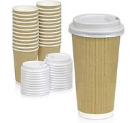 Streetfood Packaging Biodegradable Packaging that fits your budget 16oz Kraft Ripple Cups [50pcs, 450ml ] (16oz Brown + White Lids (50), Kraft)