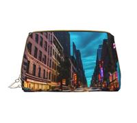 Streets of New York City Leather Hand-Held Zipper Makeup Bag Cute Make Up Case Large Wide-Open Pouch Pen Case