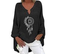 Streetwear Sale Womens Linen Shirts Womens Long Sleeve V Neck Floral Printed Irregular Hem Top T Shirt Casual Shirts Tee Blouse Today Deals of The Day Clearance Black
