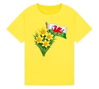 STREETWISE CLOTHING QUALITY CASUAL WEAR St David’s Day Kids T-Shirt - Welsh Flag with Daffodils Graphic Tee, Wales Celebration Outfit for Boys & Girls Yellow 12-13Y