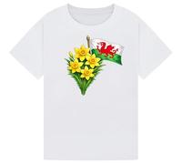 STREETWISE CLOTHING QUALITY CASUAL WEAR St David’s Day Kids T-Shirt - Welsh Flag with Daffodils Graphic Tee, Wales Celebration Outfit for Boys & Girls White 9-11Y