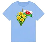 STREETWISE CLOTHING QUALITY CASUAL WEAR St David’s Day Kids T-Shirt - Welsh Flag with Daffodils Graphic Tee, Wales Celebration Outfit for Boys & Girls Sky Blue 9-11Y