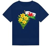 STREETWISE CLOTHING QUALITY CASUAL WEAR St David’s Day Kids T-Shirt - Welsh Flag with Daffodils Graphic Tee, Wales Celebration Outfit for Boys & Girls Navy 7-8Y