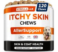 STRELLALAB Itch Support Chews for Dogs with Omega 3 Fish Oil - Itchy Skin Support Immune Supplement - Skin & Coat Health - Made in UK - Pork Flavor - 120ct