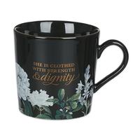 Strength and Dignity Black Floral Ceramic Coffee Mug - Proverbs 31:25