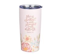 Strength and Dignity Pink Floral Stainless Steel Travel Tumbler - Proverbs 31:25