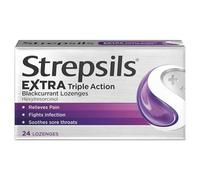 Strepsils Extra Triple Action, Sore Throat Lozenges, Blackcurrant, 24 Total, Soothes Sore Throat, Pain Relief, Numbs Pain, Relieves Germs, Fast Acting, Up To 2 Hours Relief, Sore Throat, Medication
