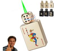 Stress-Relief Rotating Dice Lighter, 360° Metal Poker Dice Lighter Fire Windproof Green Flame, Pull-to-ignite Design, Adjustable Refillable Lighters(Gold,King)