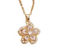 Stress-Relieving Rotating Five-Petal Flower Pendant Necklace, Copper 18K Gold Plated Rotating Flowers Pendant, CZ Stone Relieving Anxiety Flower Necklace (White)