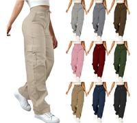 Stretch Cargo Trousers for Women UK, Straight Leg Trouser Drawstring Elastic Waist Pants Outdoor Hiking Trousers Summer Sweatpants Solid Color Lounge Pants Loose Fit Joggers Pant with Pockets Khaki